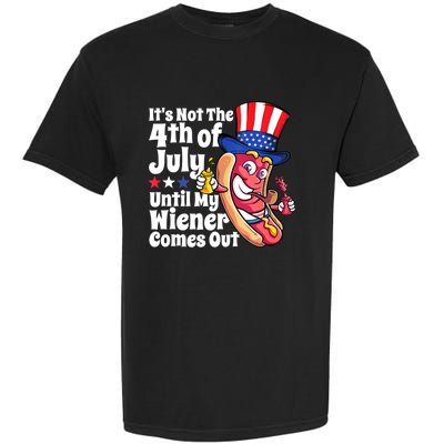 Mens Funny 4th Of July Hot Dog Wiener Comes Out Adult Humor Gift Garment-Dyed Heavyweight T-Shirt