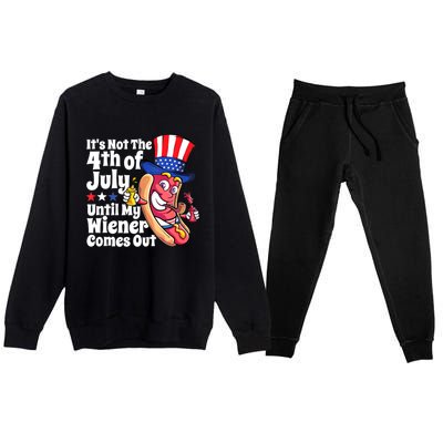 Mens Funny 4th Of July Hot Dog Wiener Comes Out Adult Humor Gift Premium Crewneck Sweatsuit Set