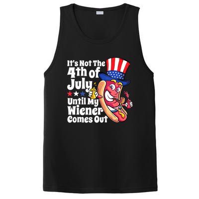 Mens Funny 4th Of July Hot Dog Wiener Comes Out Adult Humor Gift PosiCharge Competitor Tank