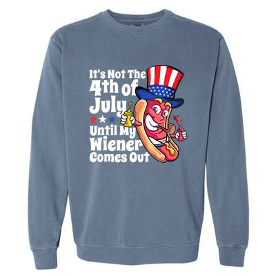 Mens Funny 4th Of July Hot Dog Wiener Comes Out Adult Humor Gift Garment-Dyed Sweatshirt