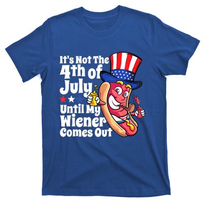 Mens Funny 4th Of July Hot Dog Wiener Comes Out Adult Humor Gift T-Shirt