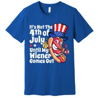 Mens Funny 4th Of July Hot Dog Wiener Comes Out Adult Humor Gift Premium T-Shirt