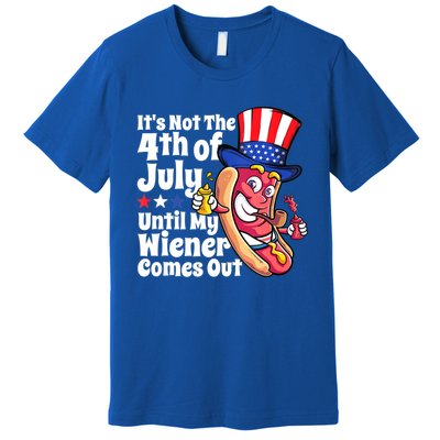 Mens Funny 4th Of July Hot Dog Wiener Comes Out Adult Humor Gift Premium T-Shirt