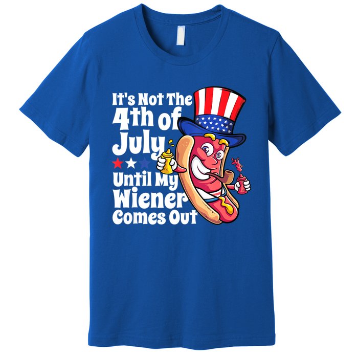 Mens Funny 4th Of July Hot Dog Wiener Comes Out Adult Humor Gift Premium T-Shirt