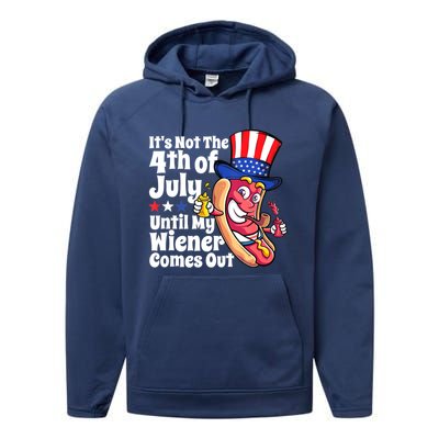 Mens Funny 4th Of July Hot Dog Wiener Comes Out Adult Humor Gift Performance Fleece Hoodie