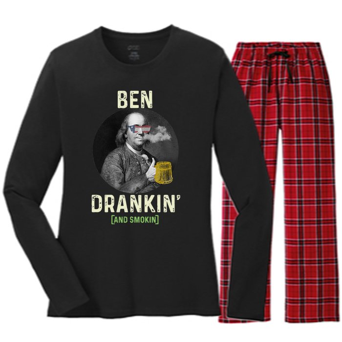 Merica Funny 4th Of July Beer And Weed Gifts Ben Drankin Women's Long Sleeve Flannel Pajama Set 