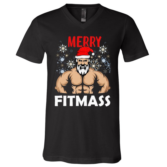 Merry Fitmas and Happy New Year  Santa Lifting Christmas  V-Neck T-Shirt