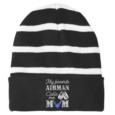 My Favorite Airman Calls Me Mom Air Force Mom Striped Beanie with Solid Band