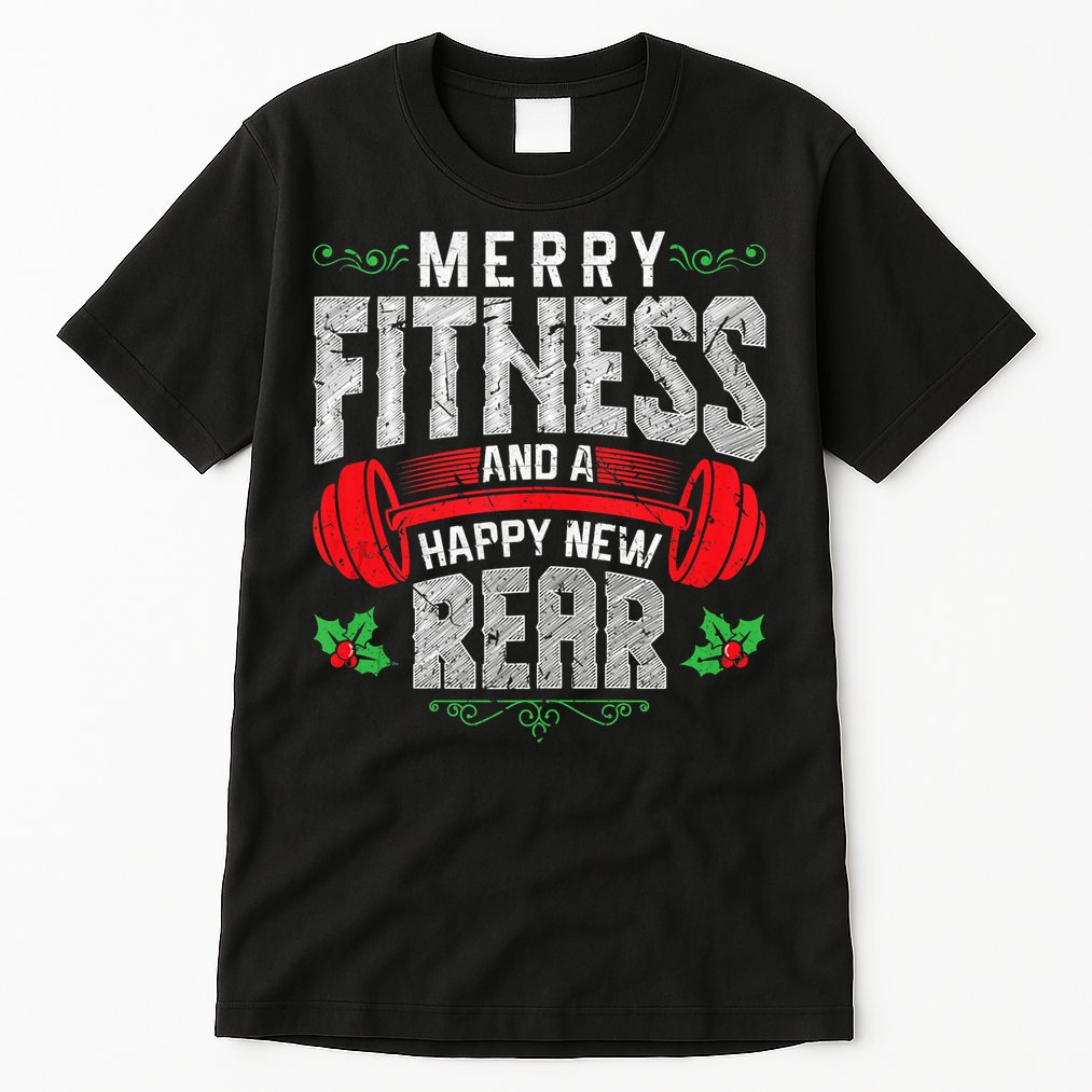 Merry Fitness And A Happy New Rear Funny Christmas Exercise Tank Top Tall T-Shirt