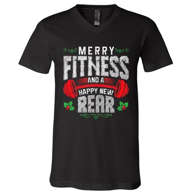 Merry Fitness And A Happy New Rear Funny Christmas Exercise Tank Top V-Neck T-Shirt