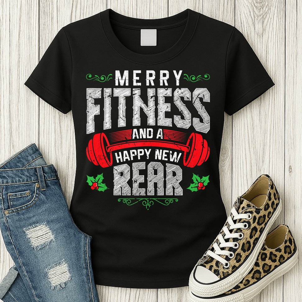 Merry Fitness And A Happy New Rear Funny Christmas Exercise Tank Top Womens T-Shirt