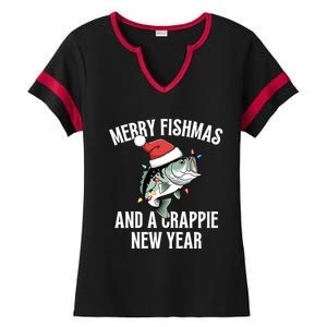 Merry Fishmas And A Crappie New Year Bass Santa Fisher Cute Gift Ladies Halftime Notch Neck Tee