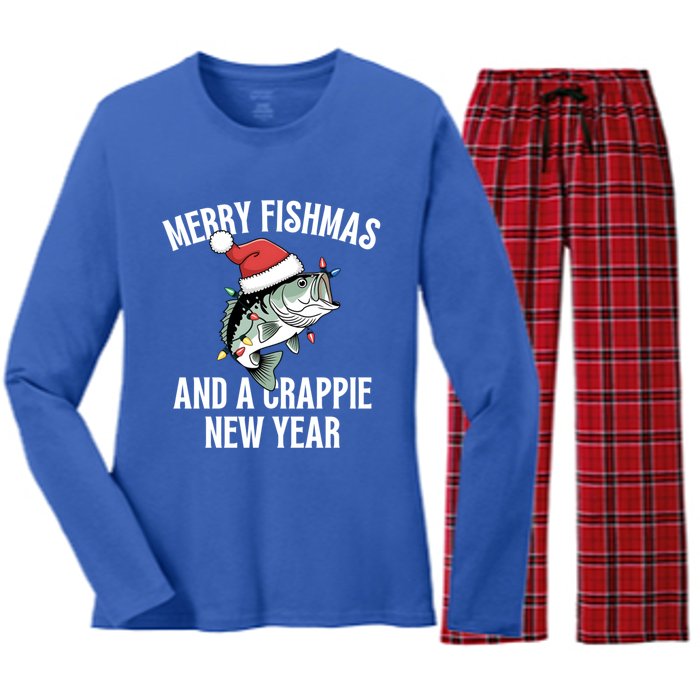 Merry Fishmas And A Crappie New Year Bass Santa Fisher Cute Gift Women's Long Sleeve Flannel Pajama Set 