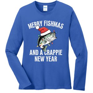 Merry Fishmas And A Crappie New Year Bass Santa Fisher Cute Gift Ladies Long Sleeve Shirt