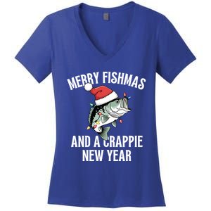 Merry Fishmas And A Crappie New Year Bass Santa Fisher Cute Gift Women's V-Neck T-Shirt