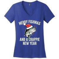 Merry Fishmas And A Crappie New Year Bass Santa Fisher Cute Gift Women's V-Neck T-Shirt