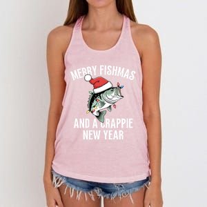 Merry Fishmas And A Crappie New Year Bass Santa Fisher Cute Gift Women's Knotted Racerback Tank