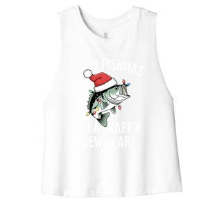 Merry Fishmas And A Crappie New Year Bass Santa Fisher Cute Gift Women's Racerback Cropped Tank