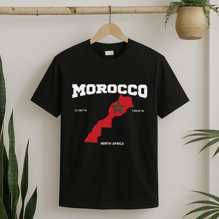 Morocco Flag And Map Moroccan Coordinates T-Shirt