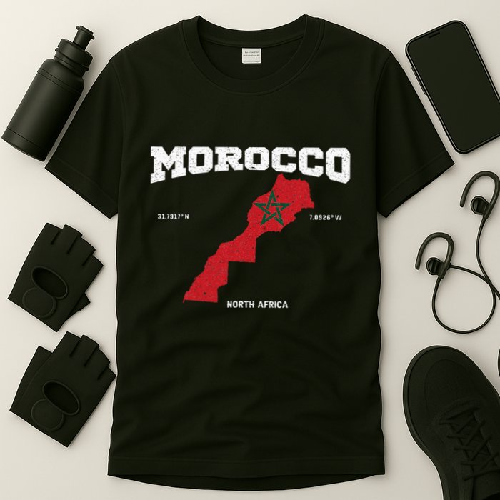 Morocco Flag And Map Moroccan Coordinates T-Shirt