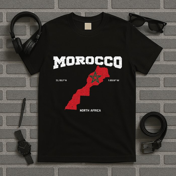 Morocco Flag And Map Moroccan Coordinates T-Shirt