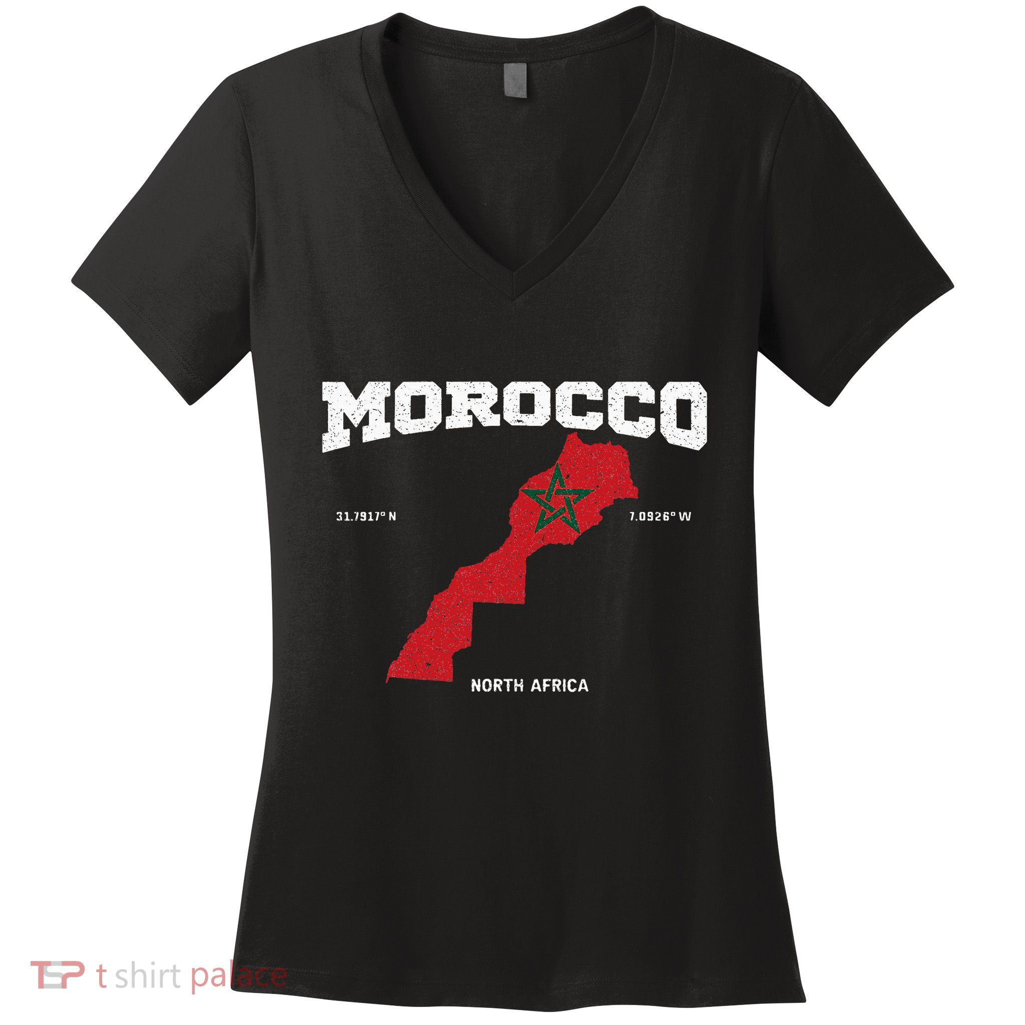 Morocco Flag And Map Moroccan Coordinates Women's V-Neck T-Shirt