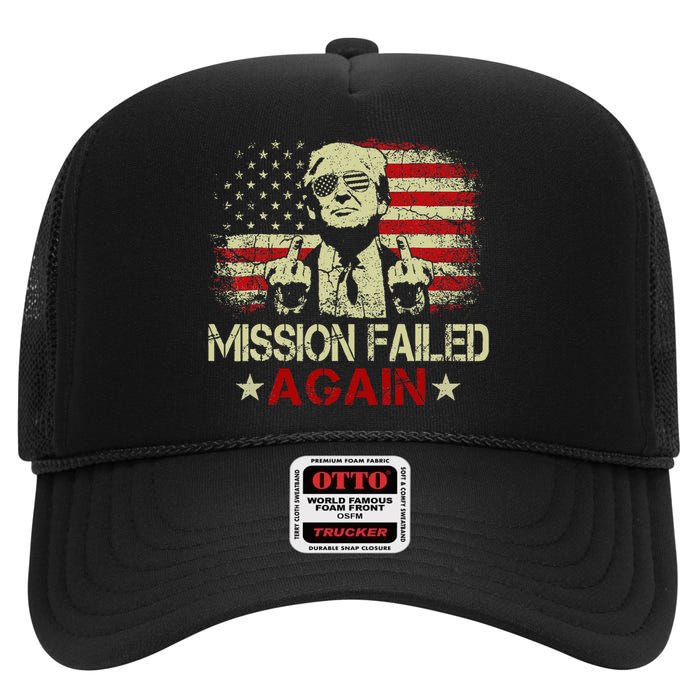 Mission Failed Again Trump 2024 Us American Flag High Crown Mesh Back Trucker Hat