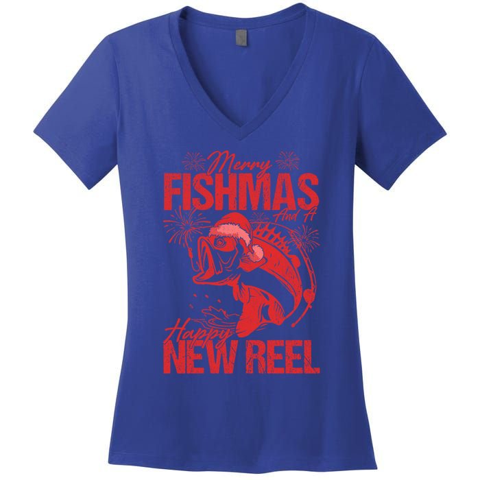 Merry Fishmas And Happy New Reel Fishing Christmas New Year Gift Women's V-Neck T-Shirt