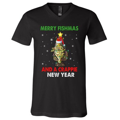 Merry Fishmas And A Crappie New Year Fishing Funny Xmas  V-Neck T-Shirt