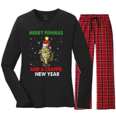 Merry Fishmas And A Crappie New Year Fishing Funny Xmas  Women's Long Sleeve Flannel Pajama Set 