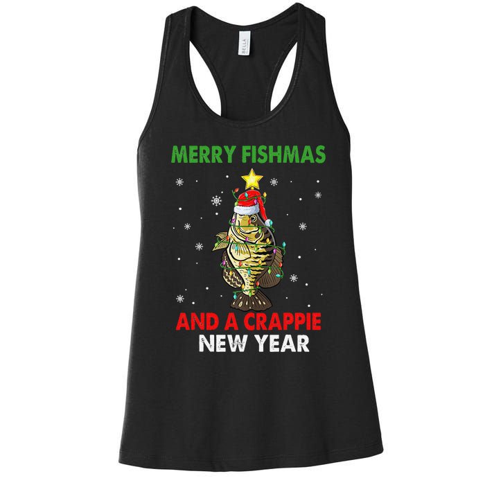 Merry Fishmas And A Crappie New Year Fishing Funny Xmas  Women's Racerback Tank