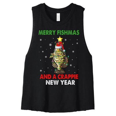 Merry Fishmas And A Crappie New Year Fishing Funny Xmas  Women's Racerback Cropped Tank