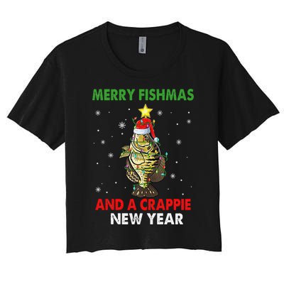 Merry Fishmas And A Crappie New Year Fishing Funny Xmas  Women's Crop Top Tee