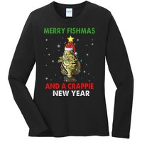 Merry Fishmas And A Crappie New Year Fishing Funny Xmas  Ladies Long Sleeve Shirt