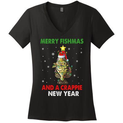 Merry Fishmas And A Crappie New Year Fishing Funny Xmas  Women's V-Neck T-Shirt