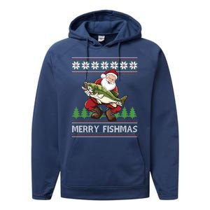 Merry Fishmas And Santa Fishing Performance Fleece Hoodie