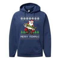 Merry Fishmas And Santa Fishing Performance Fleece Hoodie