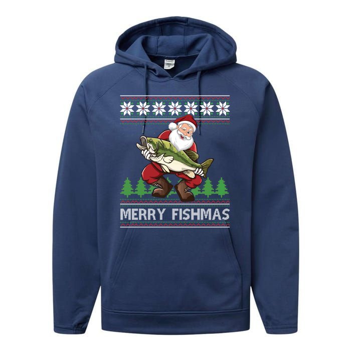 Merry Fishmas And Santa Fishing Performance Fleece Hoodie