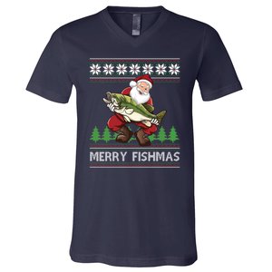 Merry Fishmas And Santa Fishing V-Neck T-Shirt