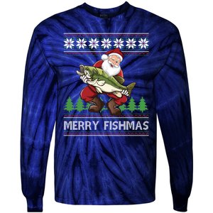 Merry Fishmas And Santa Fishing Tie-Dye Long Sleeve Shirt