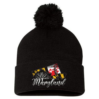 Maryland Flag And Pride Home Family Vintage Maryland Pom Pom 12in Knit Beanie