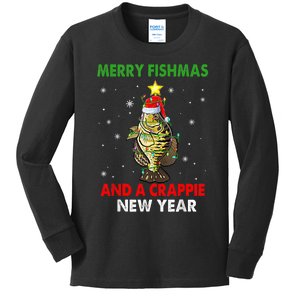 Merry Fishmas And A Crappie New Year Fishing Xmas Kids Long Sleeve Shirt