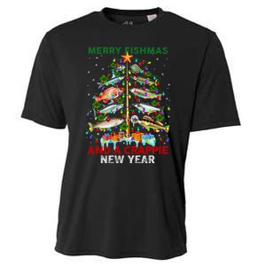 Merry Fishmas And A Crappie New Year Xmas For Fisherman Cooling Performance Crew T-Shirt