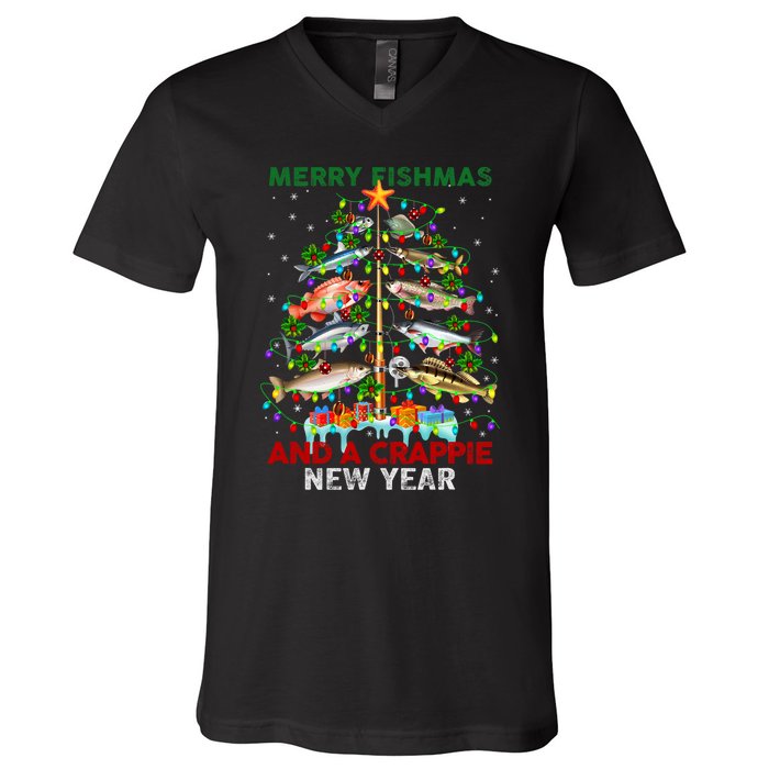 Merry Fishmas And A Crappie New Year Xmas For Fisherman V-Neck T-Shirt