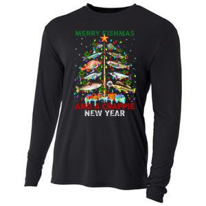 Merry Fishmas And A Crappie New Year Xmas For Fisherman Cooling Performance Long Sleeve Crew