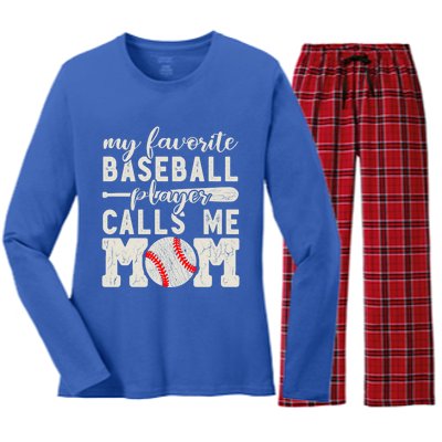 My Favorite Baseball Player Calls Me Mom Cheer Mother Gift Women's Long Sleeve Flannel Pajama Set 