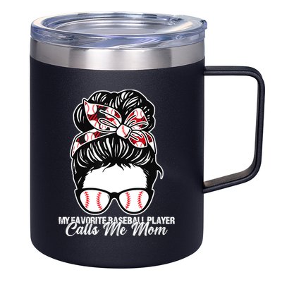 My Favorite Baseball Player Calls Me Mom Messy Bun Mothers 12oz Stainless Steel Coffee Mug