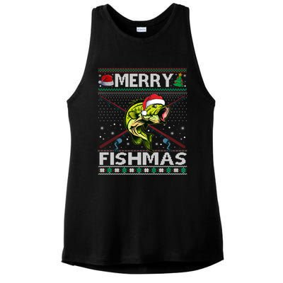 Merry Fishmas Bass Fish Fishing Christmas Ugly Sweater Xmas Great Gift Ladies PosiCharge Tri-Blend Wicking Tank