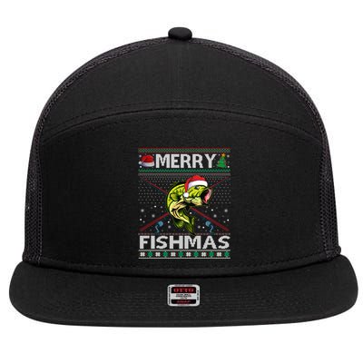 Merry Fishmas Bass Fish Fishing Christmas Ugly Sweater Xmas Great Gift 7 Panel Mesh Trucker Snapback Hat