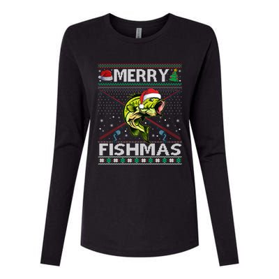 Merry Fishmas Bass Fish Fishing Christmas Ugly Sweater Xmas Great Gift Womens Cotton Relaxed Long Sleeve T-Shirt